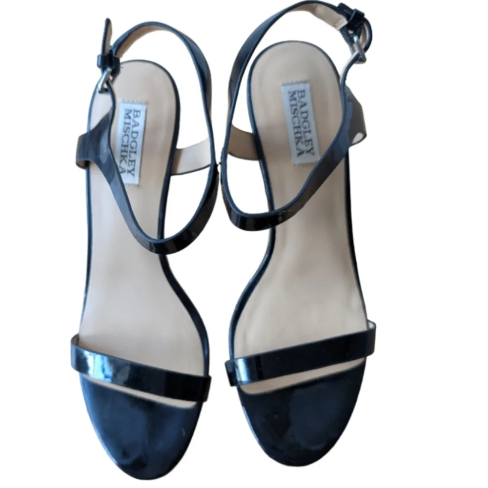 Badgley Mischka Black Patent Leather Espadrille Wedge Sandals Size 8.5